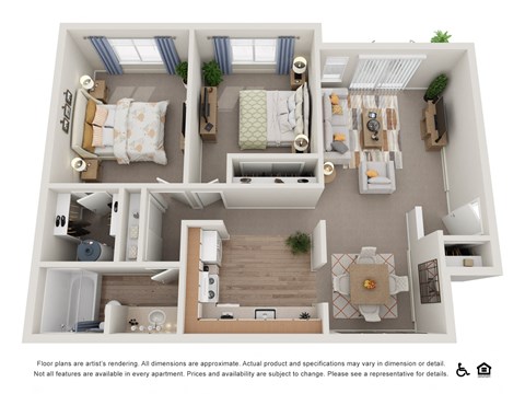 Floor plan for 2 beds, 1 bath, 860 sqft